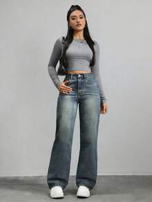 少女款蝴蝶刺绣水洗阔腿牛仔裤，日常穿着或上学皆宜 - 中等水洗藍 - 查看 5