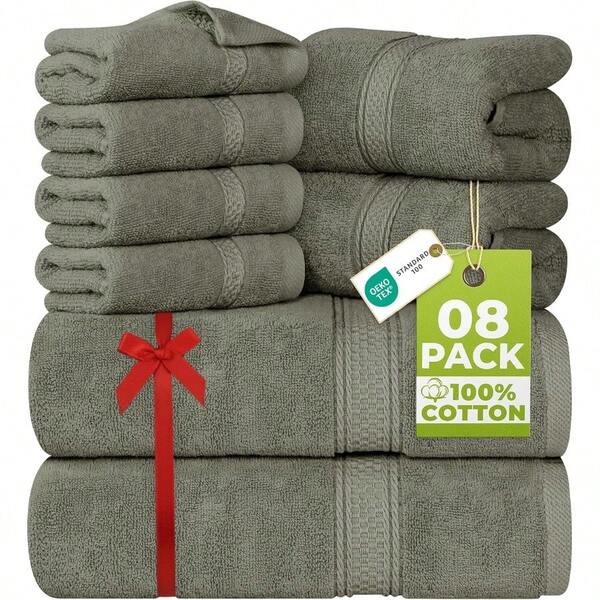 8-Piece Premium Towel Set 2 Bath Towels 2 Hand Towels And 4 Wash Cloths 600 GSM 100% Ring Spun Cotton Highly Absorbent Towels For Bathroom Gym Hotel And Spa Dusty Olive UT0881