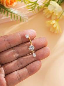 1pc Stainless Steel Deer Antler Navel Ring With Large Zirconia & Small Water Drop Pendant, Cute Piercing Jewelry For Daily Wear