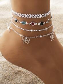 4pcs Chic And Elegant Butterfly Pendant Women's Multi-Layer Anklet, Ideal For Summer