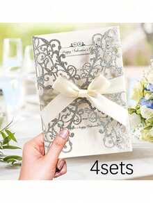 16 张激光切割蝴蝶结邀请卡，优雅的激光切割闪光珍珠纸婚礼请柬，配有内卡和信封袋 - 非常适合周年纪念、婚礼和派对邀请函 - 婚礼和派对用品和装饰品、宴会派对邀请函 - 彩色 - 查看 14