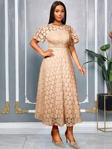 AOMEI 优雅女士香槟色蕾丝泡泡袖镂空腰部喇叭裙摆中长连衣裙 - 完美适用于婚礼宾客、新娘送礼会、鸡尾酒会和正式场合 | 时尚晚礼服，新年服装系列 - 藕粉色 - 查看 4