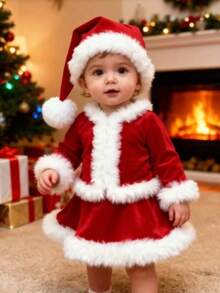 3件套婴儿圣诞服装（帽子+上衣+裤子），婴儿圣诞服装，新生儿圣诞礼物，家庭圣诞摄影，适合百日庆典和节日派对，送给男宝宝/女宝宝的圣诞礼物