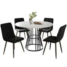 Dining Table Set (5 Pieces), Dining Table Set With 4 Chairs, Kitchen Table Set, Round Dining Table 100 Cm In Diameter With Black Metal Legs, White MDF Tabletop, Black Velvet Dining Chair - White - View 10