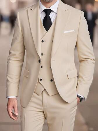 3-Piece Men's Formal Business Suit Set, Includes Double-Breasted Vest, Pants, Stylish Slim-Fit Jacket
