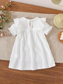 Baby Girl Solid Woven Dress, Soft Bubble Crepe, Floral Embroidery Round Neck Design, Ruffle Hem - White - View 4