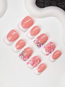 10pcs/Set Handmade Square Nail Tips With French Edge, Carved Patterns & Rhinestones, Nude & White Color, Y2K Baddie Style, Suitable For Party, Wedding, Daily Wear, Includes Nail Tools, Great Gift For Women & Girls Nails Nail Supplies - Multicolor - View 3