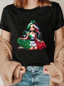 1pc Blusa de Mujer, Tops Lindos de Mujer, Ropa de Mujer, Conjuntos de Mujer, Camiseta de Celebración Mexicana, 180g Blanco y Negro, Patrón de Impresión de Chica Mexicana, Impresión de Alta Calidad, Cuello Redondo, Ajuste Suelto Básico, Unisex, Transpirable, Versátil, Lavable a Máquina, Cómodo, Talla S ~ 3XL, Ropa Deportiva Casual Diaria, Esencial de Verano - Negro - Ver 1
