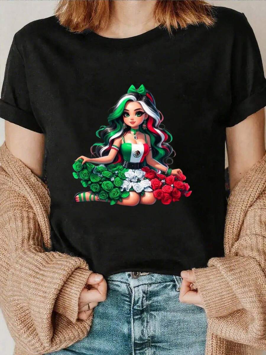 1pc Blusa de Mujer, Tops Lindos de Mujer, Ropa de Mujer, Conjuntos de Mujer, Camiseta de Celebración Mexicana, 180g Blanco y Negro, Patrón de Impresión de Chica Mexicana, Impresión de Alta Calidad, Cuello Redondo, Ajuste Suelto Básico, Unisex, Transpirable, Versátil, Lavable a Máquina, Cómodo, Talla S ~ 3XL, Ropa Deportiva Casual Diaria, Esencial de Verano - Negro - Ver 1