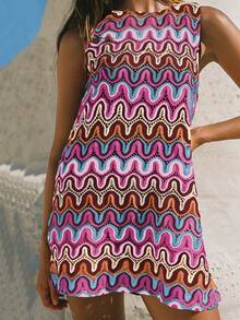 Lace Hollow Out Embroidered Sheer Fabric Mini Dress, Playful & Vibrant Sleeveless Dress, New Elegant Country Chic Vacation Boho Graduation Dress, Spring/Summer - Pink - View 3