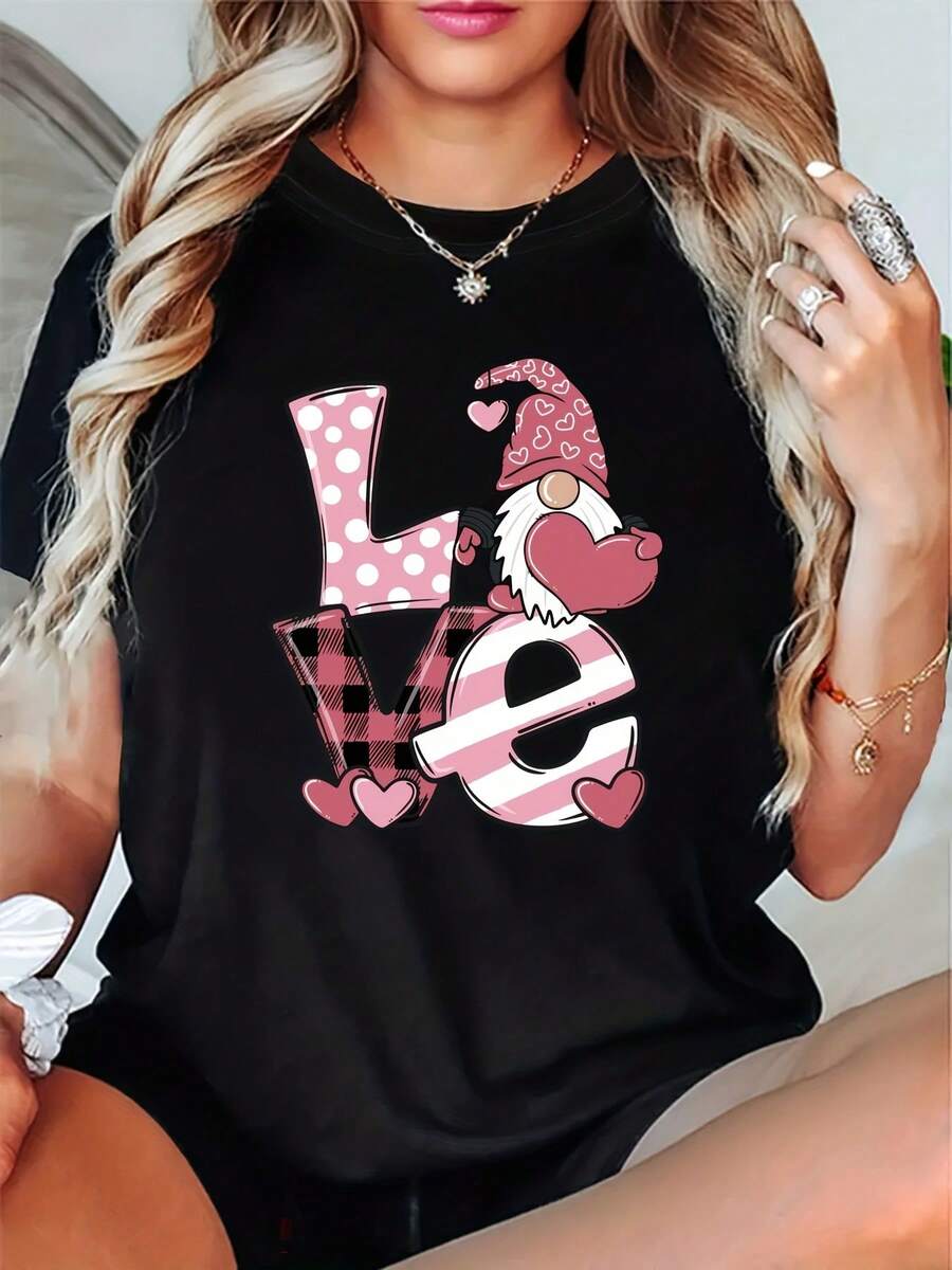 Camiseta de cuello redondo con diseño de patrón de corazón para mujeres - Estilo casual suelto, lavable a máquina, top para todas las estaciones, camiseta impresa divertida, material cómodo, excelente opción de regalo - Negro - Ver 1