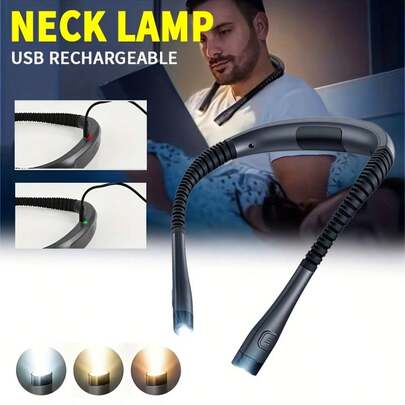 1pc USB Rechargeable LED Neck Hanging Light | Reading Neck Lamp, 3 Color Modes, Bendable, USB Charging Hands-Free Flashlight, Adjustable Angle, Bright Portable Floodlight, Suitable For Bed Reading, Knitting, Repairing, Book Lover's Gift, Multi-Functional Adjustable Hands-Free Flashlight, Dimmable Work Light, Bedside Reading Lamp, Ideal For Reading, Bedtime Reading, Knitting, Outdoor Use, Suitable For Work, Reading, Emergency, Great As New Year Gift