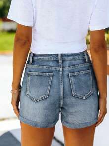Casual Button Fly Denim Shorts, Straight Cut, With Pockets, Made Of Durable Non-Stretch Fabric - Dark Wash - View 3