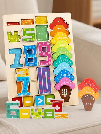 1 Set Kids Number Matching Game Board, 1-10 Number & Color Matching Game, Stacking Blocks + Math Operation Early Learning Educational Wooden Puzzle Toys, Suitable For Boys & Girls Aged 3-6 Years Old, Preschool Learning Aids