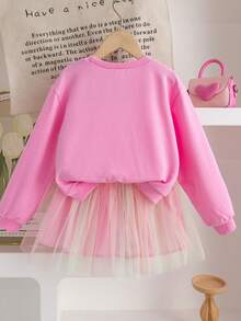 2pcs Girls Casual Outfit, Long Sleeve Sweatshirt With Embroidered Letter & Colorful Mesh Skirt, Soft & Comfortable Fabric, Fashionable Outdoor, Sports, Party Wear - 粉色 - 查看 2