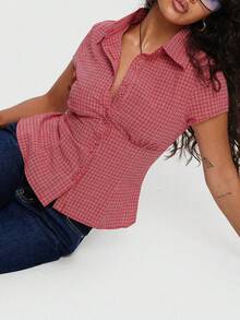 Women's Y2K Plaid Shirt Button-Up Short Sleeve Collared Slim Fit Casual Summer Blouse Tops - 珊瑚紅色 - 查看 2