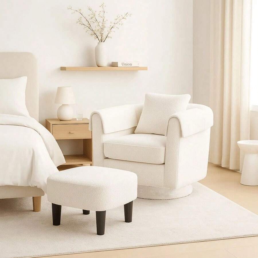 Swivel Accent Chair With Ottoman Set, Modern Chenille Barrel Armchair With Removable Back Pillow & 2 Armrest Covers For Living Room, Bedroom, Office, White - trắng - Xem 1