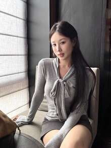 Women's New Stylish Long Sleeve T-Shirt, Gray High-Quality Design Casual Top For Autumn - Grey - View 1