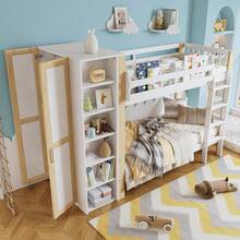 Children's Bunk Bed With Safety Rail And Fall Protection, 4-Step Ladder, 6 Open Shelves, Side Wardrobe, Ample Storage, Pine And Solid Wood, White And Natural, 90 X 200 Cm - Black - View 1