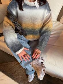 女款可愛休閒太空骰子彩色 Y2K 寬鬆長袖針織套頭毛衣 - 芥末黃 - 查看 3