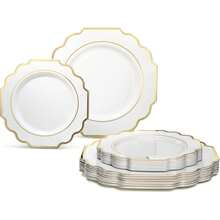 1 Conjunto de Pratos Elegantes de Plástico, Prato de Bolo Branco com Acabamento Dourado, Pratos de Sobremesa, Pratos de Festa, Pratos de Aperitivo, Pratos de Bolo, Fáceis de Limpar e Reutilizáveis, Adequados para Festas, Casamentos, Almoços, Reuniões Familiares, Festas de Noivado, Churrascos e Muito Mais - Branco - Visão 1