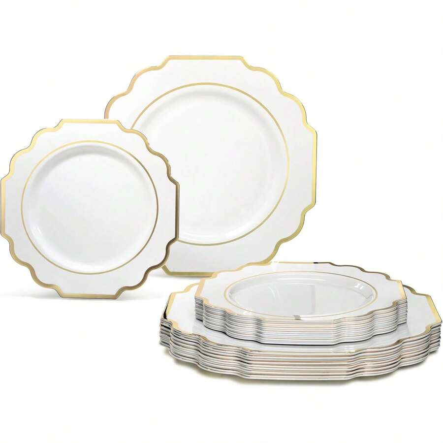 1 Conjunto de Pratos Elegantes de Plástico, Prato de Bolo Branco com Acabamento Dourado, Pratos de Sobremesa, Pratos de Festa, Pratos de Aperitivo, Pratos de Bolo, Fáceis de Limpar e Reutilizáveis, Adequados para Festas, Casamentos, Almoços, Reuniões Familiares, Festas de Noivado, Churrascos e Muito Mais - Branco - Visão 1