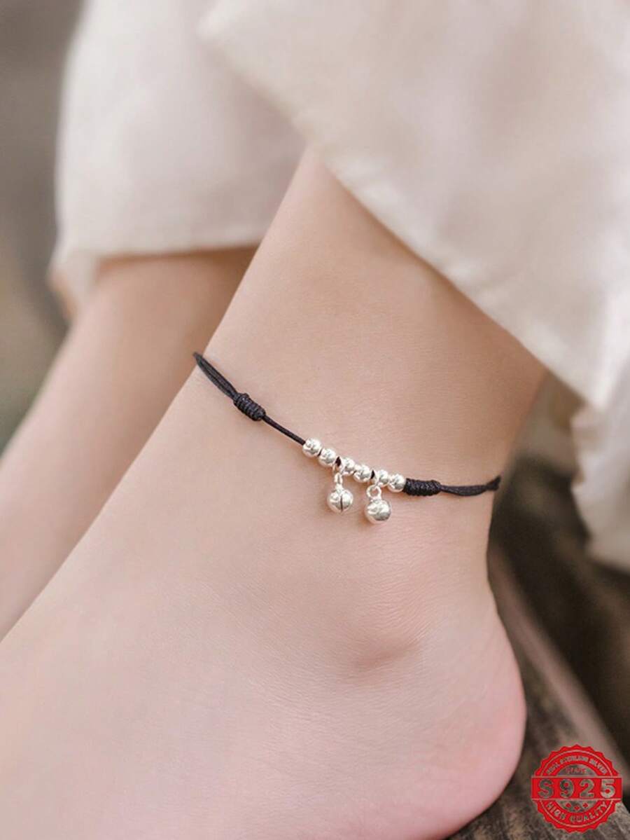 1pc S925 Sterling Silver Bell Anklet With Black Cord, Elegant & Casual Jewelry Suitable For Women & Kids, All Seasons, Includes Luxury Gift Box For Holidays, Birthday, Mother's Day - Black - View 1