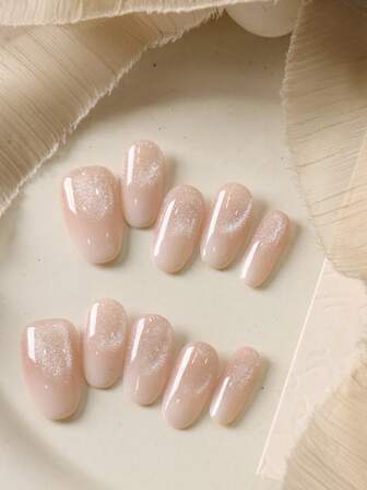 10pcs French Pink Shiny Cat Eye Acrylic Nail Stickers, White Nail Glue, Short Nails, Suitable For Daily Wear And Office, Artificial Nail Kit Includes 1 Sheet Of Nail Stickers And 1 Mini Nail File Handmade Press On Nails