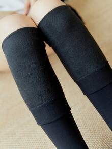 Women's Autumn Winter Thick Over-The-Knee Socks, Thermal Knitted Long Stockings, Windproof Thermal Lined Leg Warmers, Cold Weather Cozy Knee Highs - Black - View 2