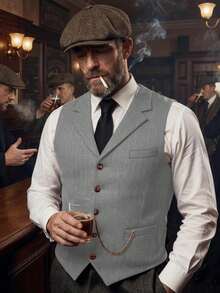 1pcs Men's Vintage Classic Herringbone Pattern Suit Vest V-Neck Casual Wool Blend Waistcoat For Men Business Casual And Formal Wear - Bạc - Xem 3