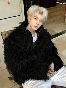 Autumn And Winter Styles, Faux Mink Fur, American Style, Street Style, Solid Color, Vintage, Ripple, Long Hair, PU Leather, Warm, Faux Fur, Cotton Jacket, Men's Coat - Black - View 3