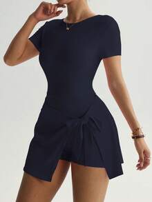 2 pièces Ensemble robe de sport élégante à dos nu avec nœud décoratif, polyvalent pour l'été - Multicolore - Voir 3