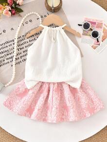 Vihyde 2pcs/Set Girls Summer Halter Ruffle Top & Floral Soft Pink & White Princess Dress - Baby Pink - View 3