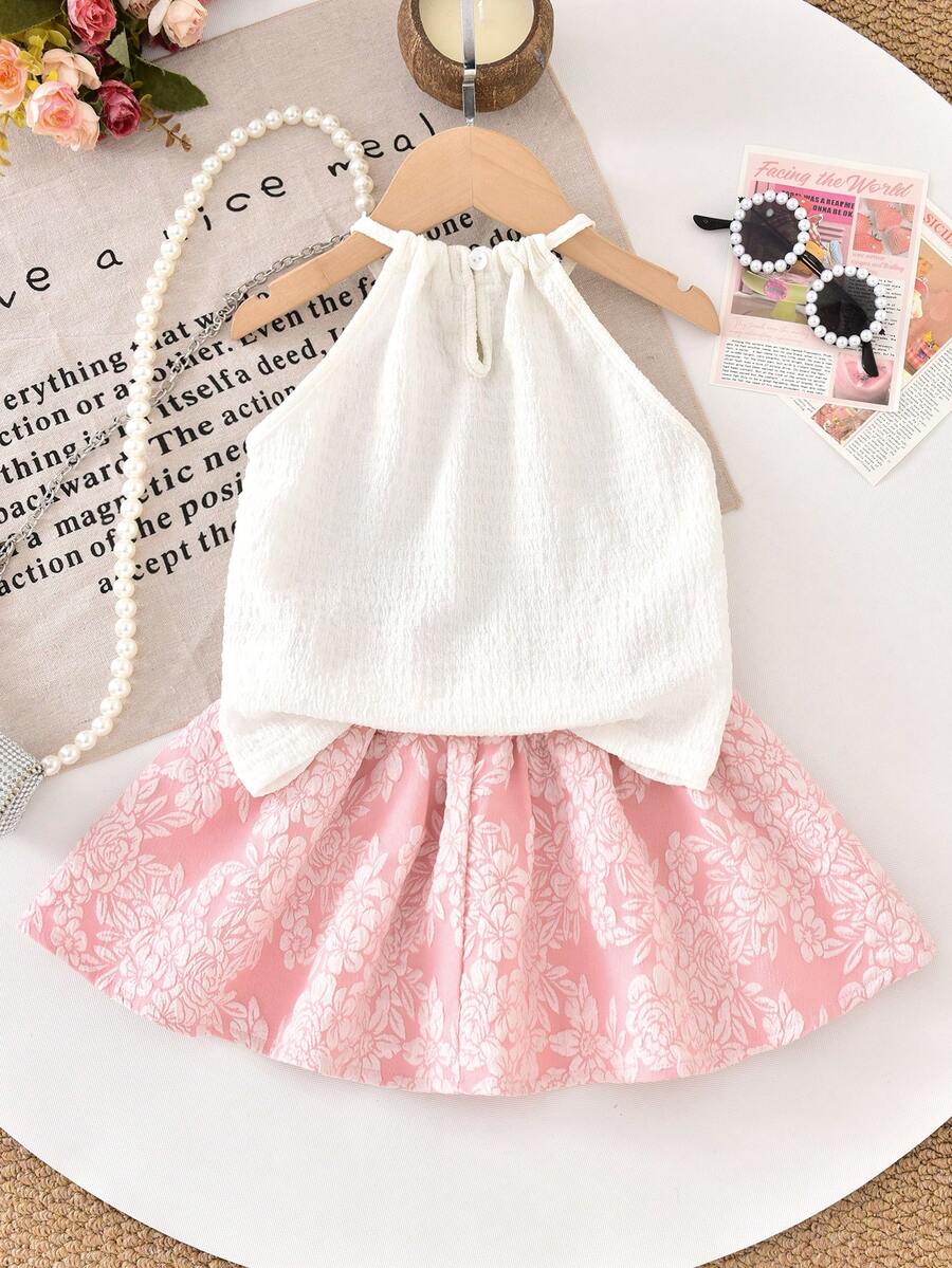 Vihyde Young Girl Halter Neck 3D Floral Decor Tank Top & Jacquard Skirt 2 Pieces Set - Baby Pink - View 1