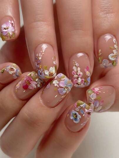 24pcs/Set Square Spring/Summer Colorful Embossed Floral Nail Stickers, Pressure-Sensitive, Suitable For Fashionable Girls, Office Ladies, Parties, Dates, Daily Wear, And Holidays Nails Nail Supplies