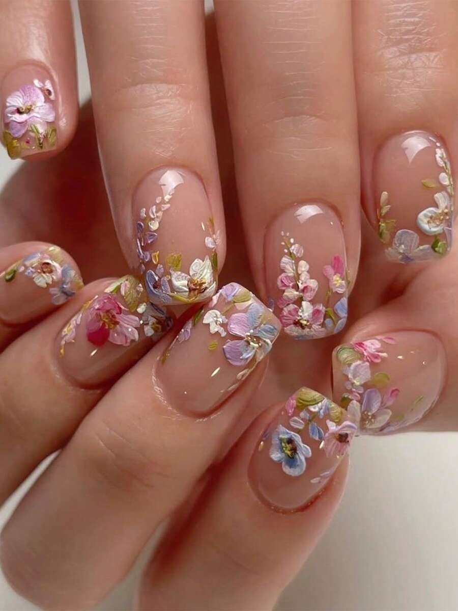 24片/套 方形春夏彩色浮雕花卉美甲贴纸，压敏型，适合时尚女孩、上班族、派对、约会、日常佩戴和节日美甲用品 - 彩色 - 查看 1