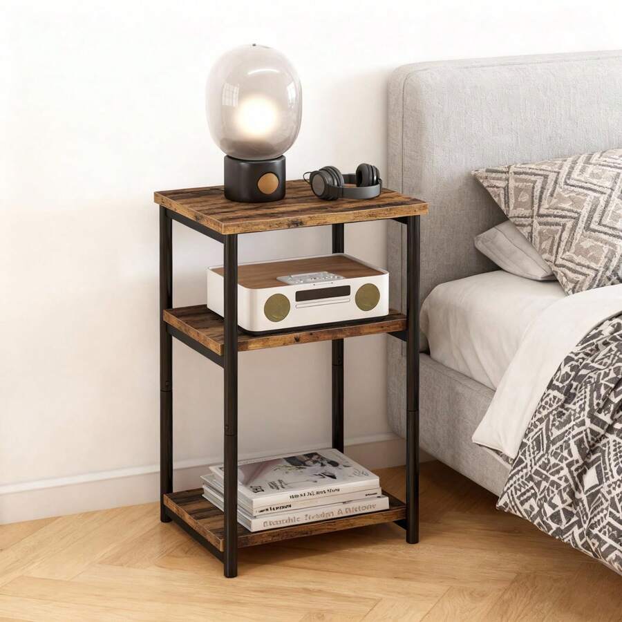 Techigher Side Table, 3-Tier End Table, Open Shelves Night Stand, Bedside Table With Metal Frame For Living Room, Bedroom, Bathroom - Wood Color - View 1