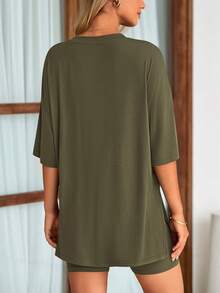 PRETTYGARDEN Women's Summer Clothes 2 Piece Sets Lounge Set Casual Oversized Shirts Biker Shorts Matching Airport Travel Sweatsuit Set Women Vacation Outfit Army Green Summer Brunch Outfits For Women - 軍綠色 - 查看 2