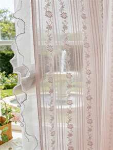 NewWPKIRA 2 Panels Princess Style Pink Embroidery Sheer Curtains With Beaded Lace Rod Pocket Top - 粉色 - 查看 2