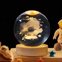 1个USB供电3D水晶球LED夜灯，带木质底座，家居及房间装饰夜灯，太阳系、月亮、星系、土星图案3D夜灯，室内桌面装饰灯，情人节及生日礼物，送给朋友和同学 - 黃色 - 查看 27