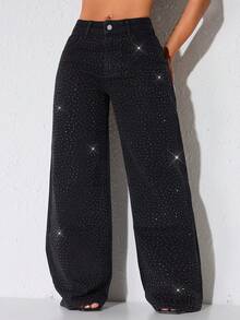 Jeans casuales de cintura baja y pierna ancha de color azul con bolsillos en sesgo y adornos con cuentas - Negro - Ver 3