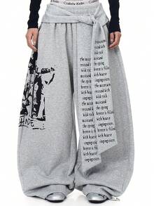 High Street Vintage Letter Print Tie-Waist Layered Curved-Leg Sweatpants For Men Spring/Fall New Arrival Street Dance Loose Wide-Leg Long Pants - 灰色 - 查看 1
