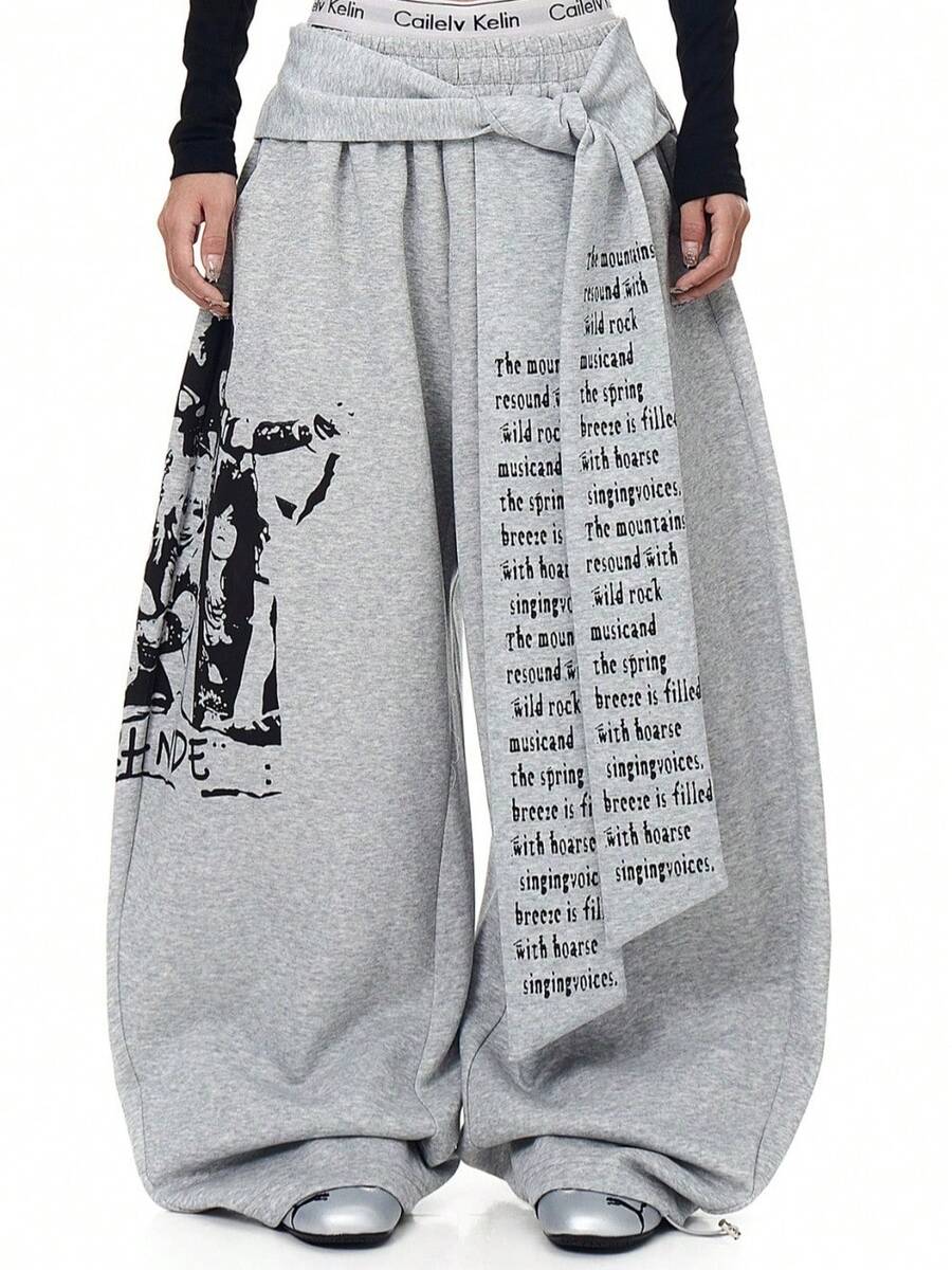 High Street Vintage Letter Print Tie-Waist Layered Curved-Leg Sweatpants For Men Spring/Fall New Arrival Street Dance Loose Wide-Leg Long Pants - 灰色 - 查看 1