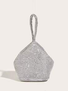 Bolso cubo de negocios casual ligero con decoración de rhinestones, diseño de cordón, embrague transparente con perlas de imitación, bolso de fiesta, encantador, elegante, bolso de rhinestones discretamente lujoso, adecuado para chicas de fiesta, damas, novias, perfecto para fiestas, galas/banquetes, vestidos de fiesta de Navidad, bolso encantador de rhinestones - Plateado - Ver 2