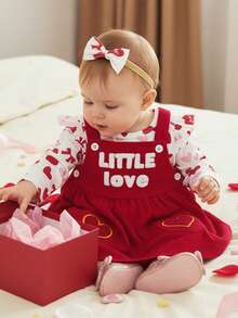 Valentine's Day Baby Girls 3 Piece Outfit Long Sleeve O Neck Bow Heart Print Jumpsuit And Headband Dress Set - 紅色 - 查看 4