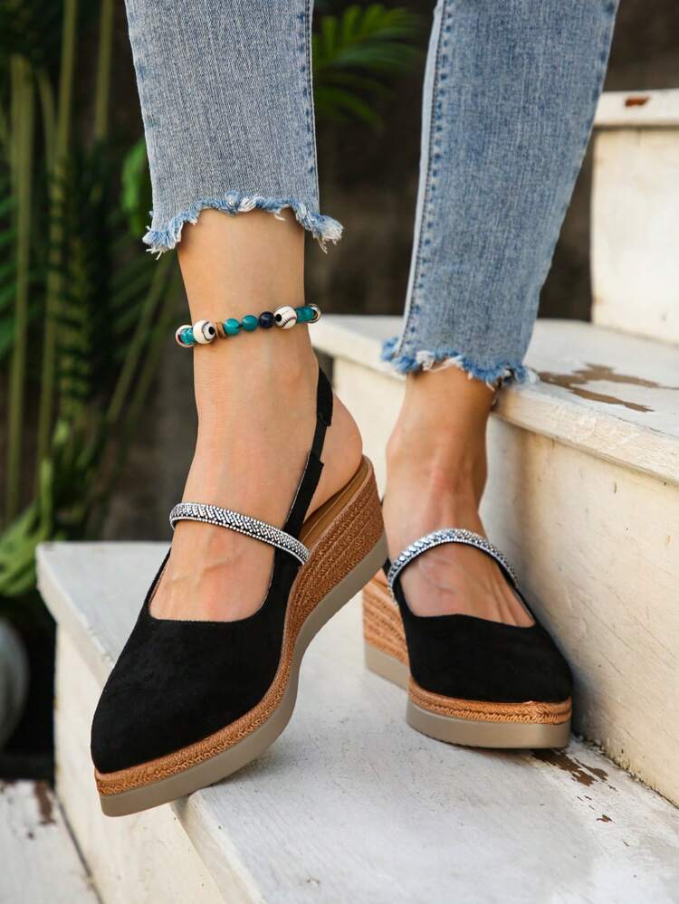 Bohemian Style Women's Summer Vacation Straw Woven Platform Wedge Sandals, Ladies Plus Size 35-43, Retro Buckle Design High Heel Shoes, Thick Bottom Waterproof Platform, Rope Bottom Hollow Wedge Sandals, Open Toe, Pointed Toe, Rhinestone, Backless, High Heel, Elegant, Charming - Black - View 3