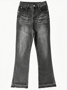 Lightweight Business Casual Washed Distressed Hem Jeans For Men, Versatile Slim Straight Leg Casual Pants, Suitable For All Seasons - Black - View 2