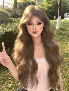 合成耐热假发，棕色长卷发假发，30 英尺长，纤维材质，适合日常佩戴，自然仿假发。 - 棕色 - 查看 3