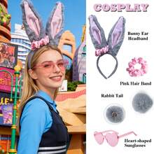Zootopia2 Judy Hopps Vacation Pink Costume Set With Movable Ears & Tail, Sunglasses & Hairband - Official Bunny Officer Cosplay Headband, Plush Rabbit Ear Hairband, Anime Conventions & Theme Parties,Valentine's Day Costume