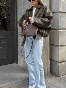 New Vintage Bomber Leather Jacket, Solid Color Casual Zipper Pocket Jacket, Leather Jacket, Regular Fit, Women Winter Jacket - Olive Green - View 3